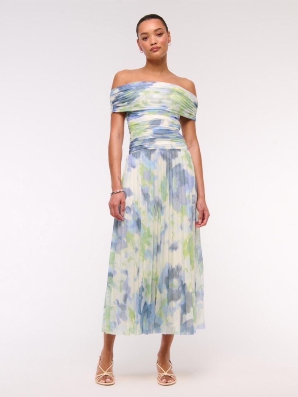 Abercrombie & Fitch Off-Shoulder Pleated Giselle Drop-Waist Mesh Maxi Dress - Picture 3 of 4
